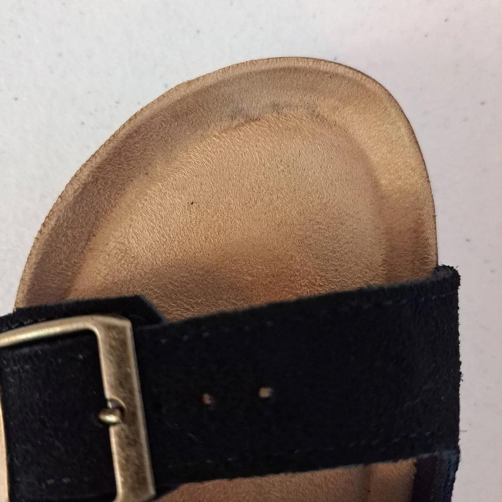 Khombu Slide Sandals Women's 6 Black Suede Double Buckle Cork Insole 1252-378
